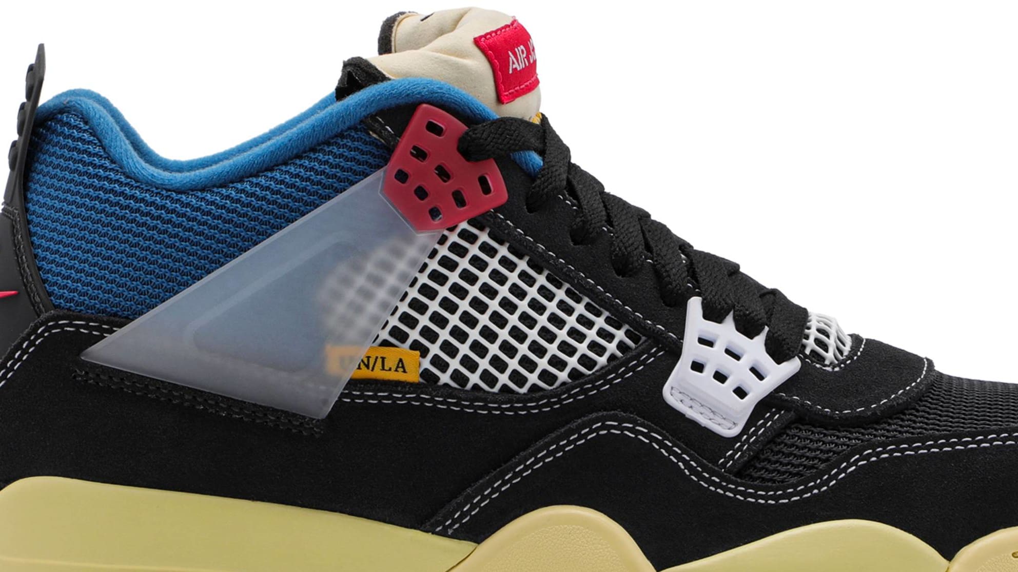 Union x Air Jordan 4 'Off-Noir/Lt Fusion Red/Brigade Blue' DC9533-001 (Lateral Detail)