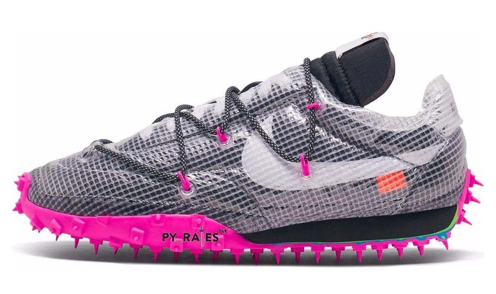 Off-White x Nike Waffle Racer 'Black/White/Fuchsia' (Lateral)