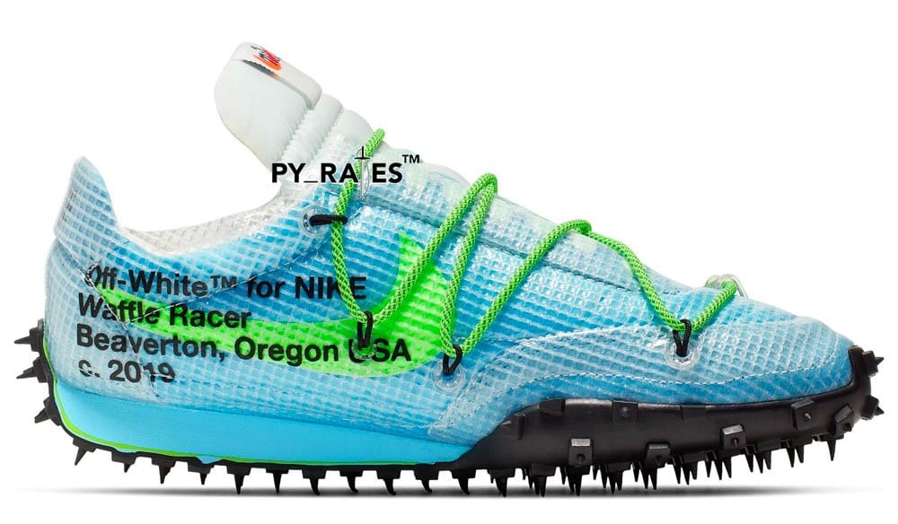 Off-White x Nike Waffle Racer W 'Vivid Sky/Electric Green' (Medial)