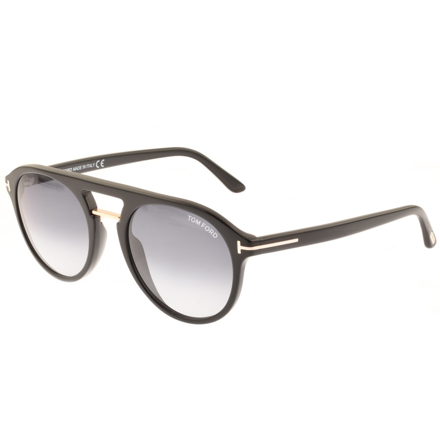 Tom Ford Ivan FT0675 Sunglasses In Black. A small silver coloured Tom Ford embossed metal logo is featured on each black acetate earpiece.